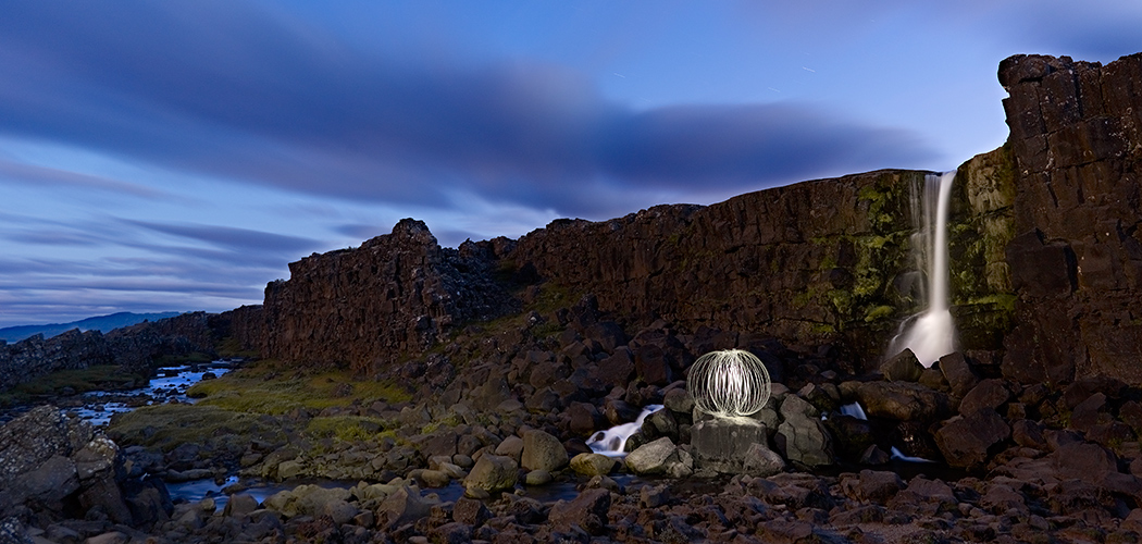 Lightmark No.110, Öxarárfoss, Þingvellir National Park, Iceland, Light Painting, Night Photography.